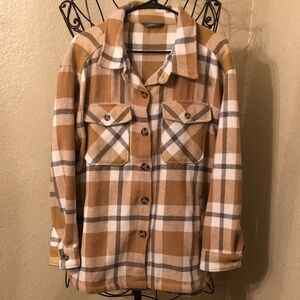 Women's Plaid Utility Shacket in Tan Gray and Cream Color XL
